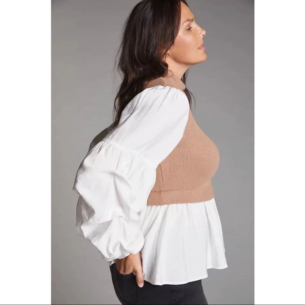 Anthropologie • Ruffled Layered Top tan sweater vest white puff sleeve blouse